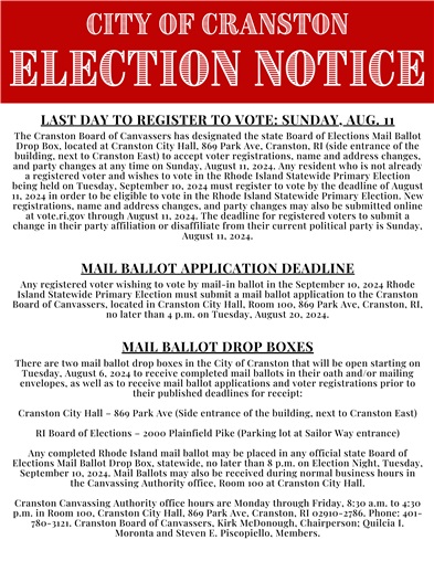 Election Notice: Last Day to Register, Mail Ballot Application Deadline & Drop Boxes